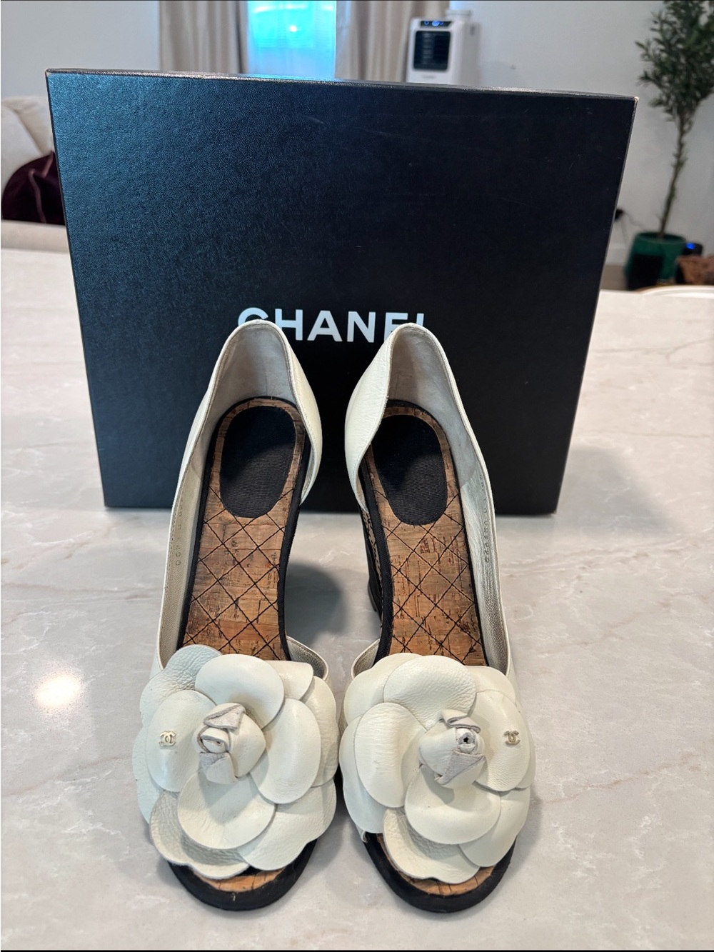 CHANEL Ivory Leather Camellia Peep-Toe Heels